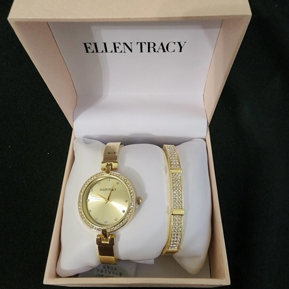 Ellen Tracy Goldtone and Crystal Watch and Bracelet Set - NWT